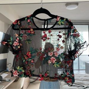Floral Black Mesh Top